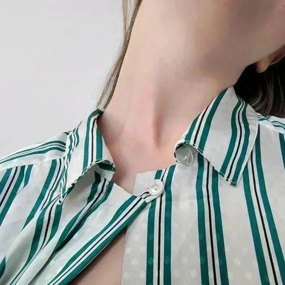 Vintage 70's Pykettes Striped Silky Button Down Top - M - Picture 10 of 11